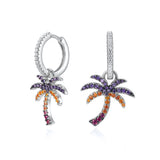 925 Silver Crystal Hoop Earrings Colorful Zircon Palm Tree Dangle Huggie