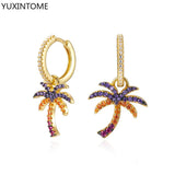 925 Silver Crystal Hoop Earrings Colorful Zircon Palm Tree Dangle Huggie