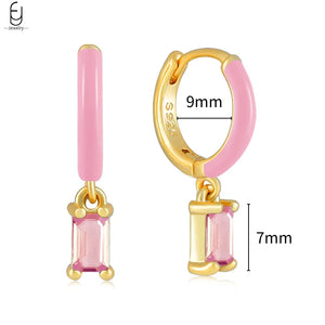 925 Silver Hoop Earrings Pink Crystal Pendant Women's Jewelry