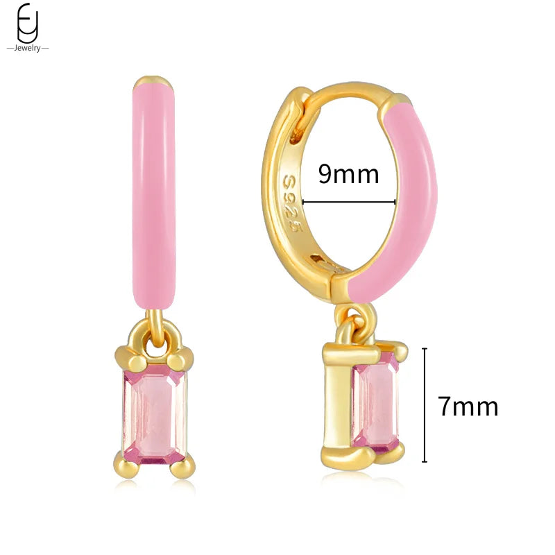 925 Silver Hoop Earrings Pink Crystal Pendant Women's Jewelry