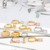 925 Silver Hoop Earrings Pink Crystal Pendant Women's Jewelry