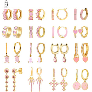925 Silver Hoop Earrings Pink Crystal Pendant Women's Jewelry
