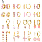 925 Silver Hoop Earrings Pink Crystal Pendant Women's Jewelry