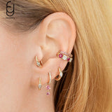 925 Silver Hoop Earrings Pink Crystal Pendant Women's Jewelry