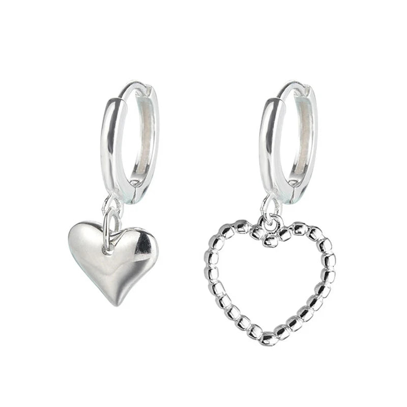 925 Silver Asymmetric Love Hoop Earrings Sweet Heart-Shaped Jewelry