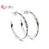 925 Silver Big C Stud Earrings Rainbow Crystal Boho Wedding Jewelry