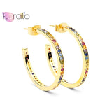 925 Silver Big C Stud Earrings Rainbow Crystal Boho Wedding Jewelry