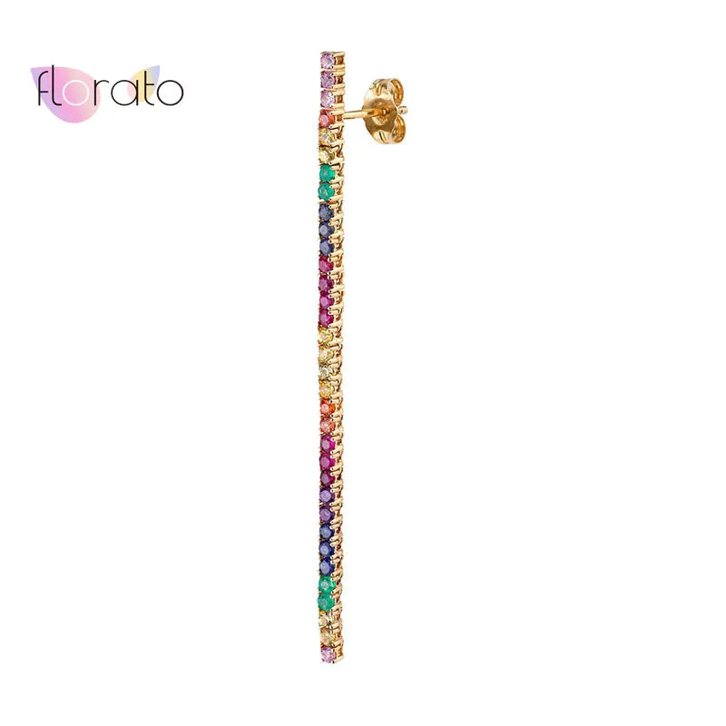 925 Sterling Silver Crystal Rainbow Long Earrings Stud Wedding Jewelry