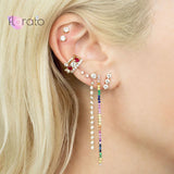 925 Sterling Silver Crystal Rainbow Long Earrings Stud Wedding Jewelry