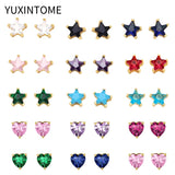 925 Silver Colorful Crystal Small Stud Earrings Women Star/Heart Piercing