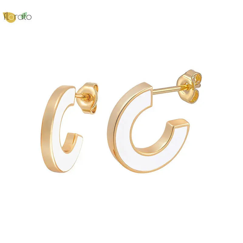 925 Silver Colorful Enamel Stud Earrings Geometry C Shape Piercing