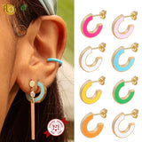 925 Silver Colorful Enamel Stud Earrings Geometry C Shape Piercing