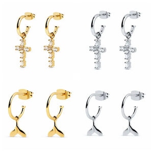 925 Silver Crystal Cross Pendant Hoop Earrings for Women
