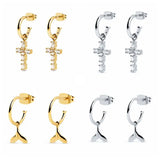 925 Silver Crystal Cross Pendant Hoop Earrings for Women
