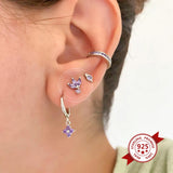 925 Silver Purple Crystal Hoop Earrings for Women