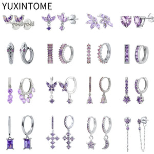 925 Silver Purple Crystal Hoop Earrings for Women