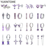 925 Silver Purple Crystal Hoop Earrings for Women