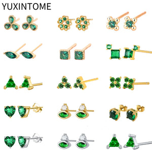 925 Silver Green Crystal Stud Earrings for Women Piercing Jewelry