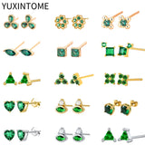 925 Silver Green Crystal Stud Earrings for Women Piercing Jewelry