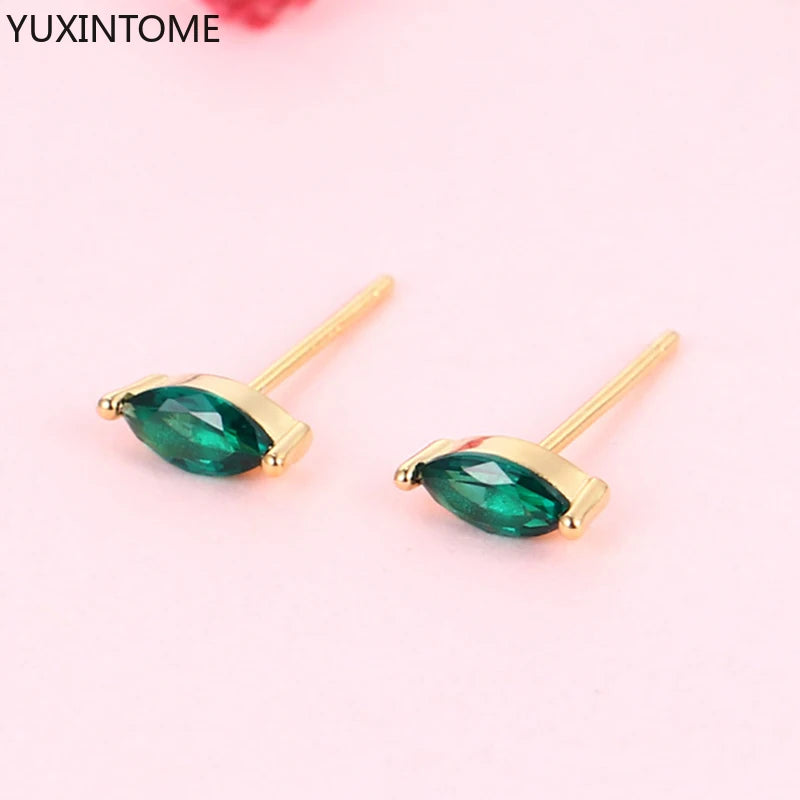 925 Silver Green Crystal Stud Earrings for Women Piercing Jewelry