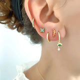 925 Silver Green Eyes Double Drop Earrings Retro Hoop Earrings