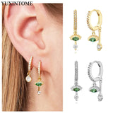 925 Silver Green Eyes Double Drop Earrings Retro Hoop Earrings