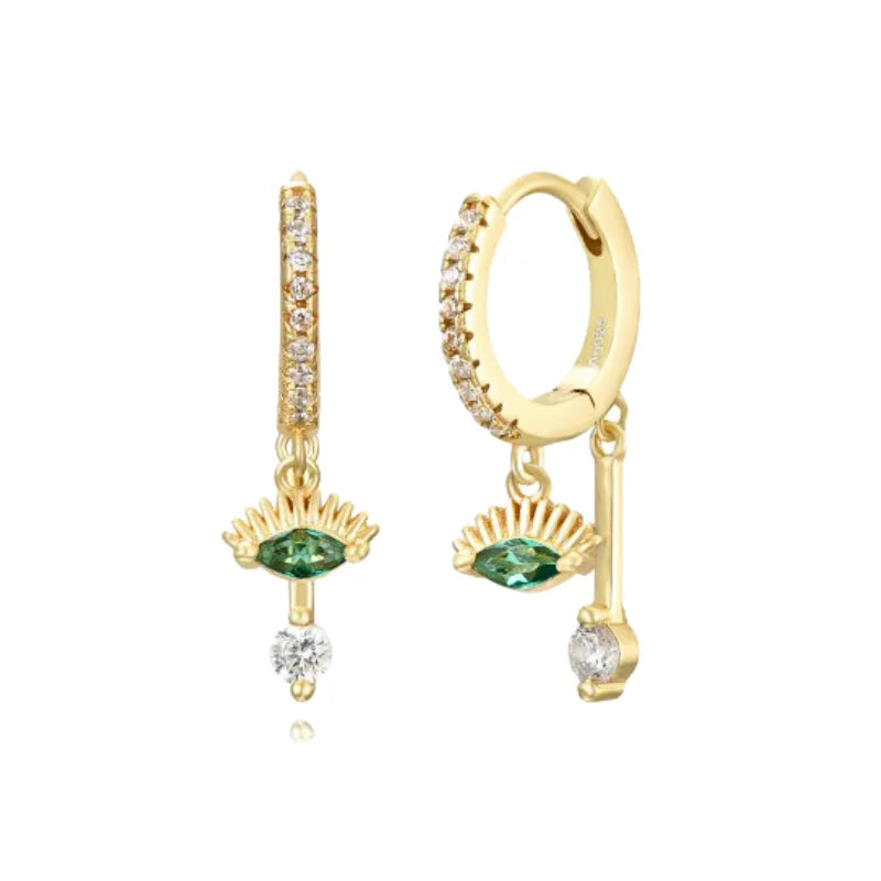 925 Silver Green Eyes Double Drop Earrings Retro Hoop Earrings