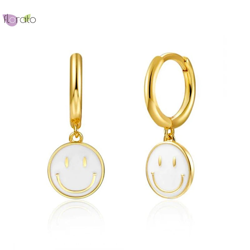 925 Silver Smile Hoop Earrings for Women Enamel Smiley Jewelry