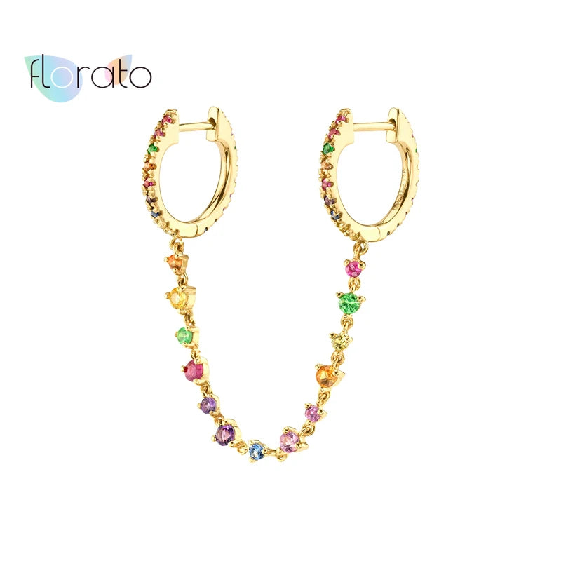 925 Silver Ear Needle Hoop Earrings Colorful Crystal Tassel Circle Jewelry