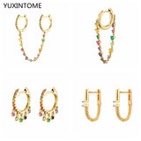 925 Silver Ear Needle Hoop Earrings Colorful Crystal Tassel Circle Jewelry