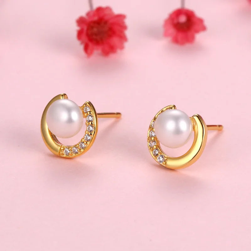 925 Silver Natural Pearl Stud Earrings Crystal Earpins