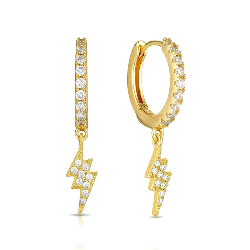 925 Silver Lightning Hoop Earrings Pave Crystal Geometric Pendant