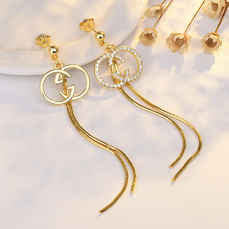 925 Silver Tassel Crystal Stud Earrings Women Fine Temperament