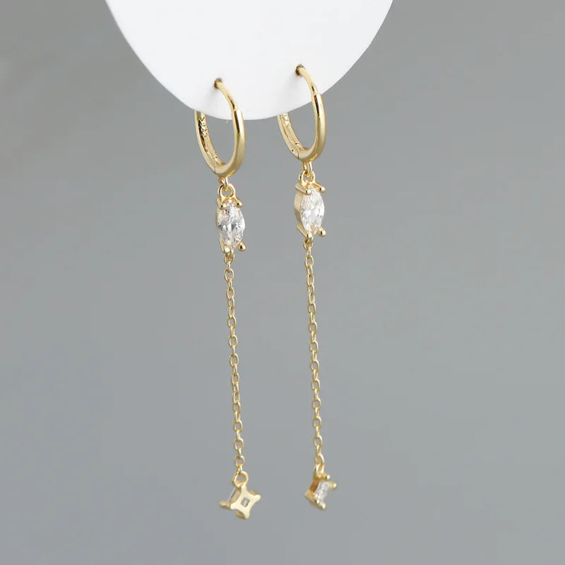 925 Silver Tassel Hoop Earrings Crystal Zircon Huggie Fine Jewelry