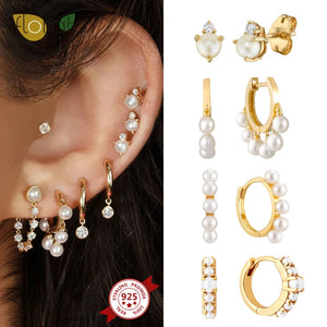 925 Silver Pearls Hoop Earrings for Women Piercing Jewelry