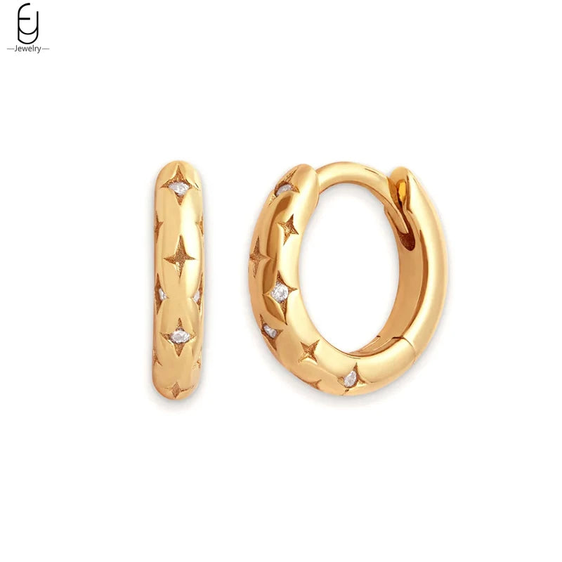 925 Silver Punk Hoop Earrings Star Zircon Jewelry