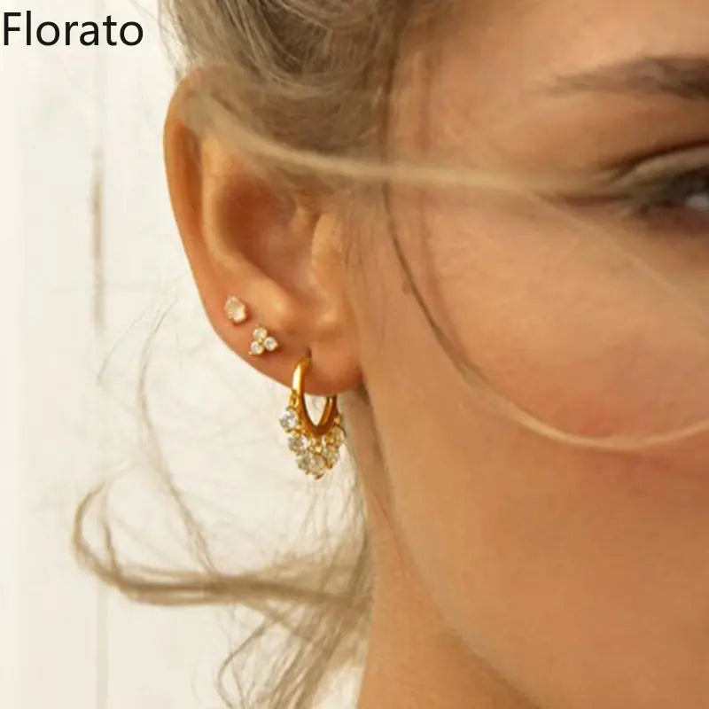 925 Silver Star Crystal Hoop Earrings Vintage Jewelry