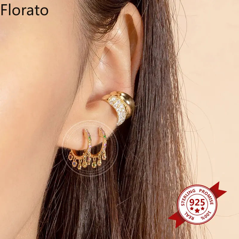 925 Silver Star Crystal Hoop Earrings Vintage Jewelry