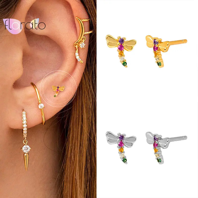 925 Silver Colorful Crystal Dragonfly Stud Earrings