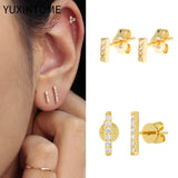 925 Silver Zirconia Small Stud Earrings Flat Bar Fine Jewelry