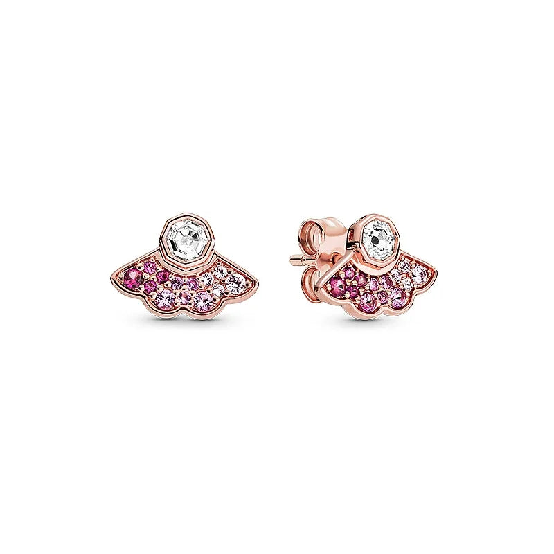 925 Silver Pink Fan Statement Stud Earrings Wedding Party Jewelry