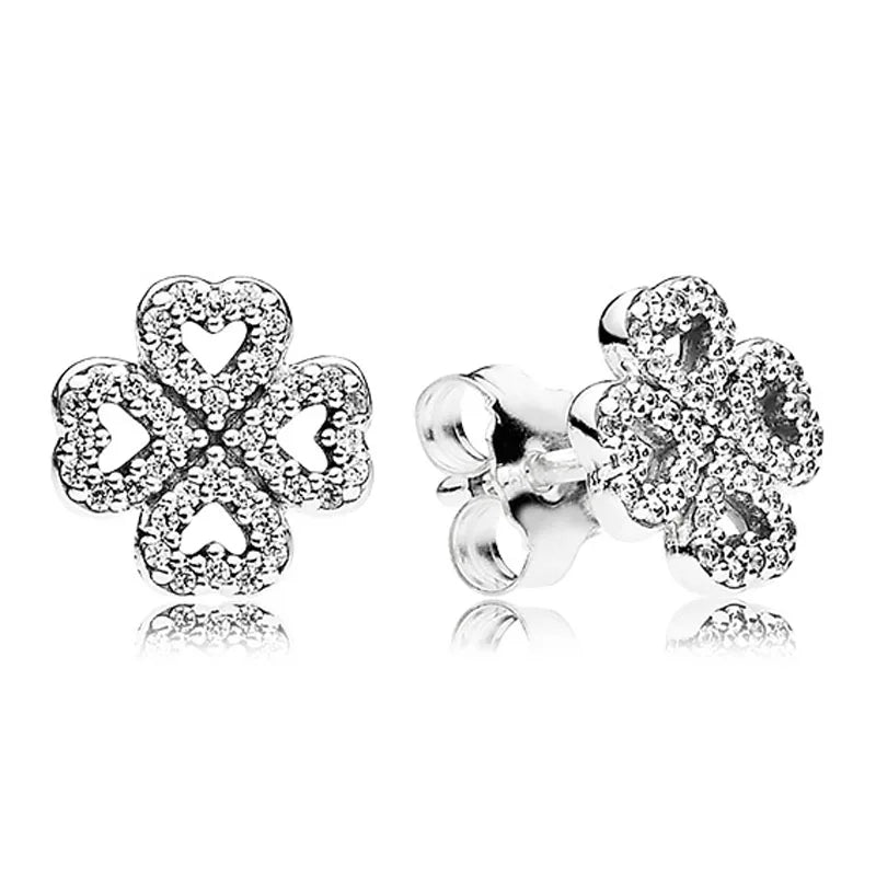 925 Silver Earring Lucky In Clover Petals Bow with Crystal