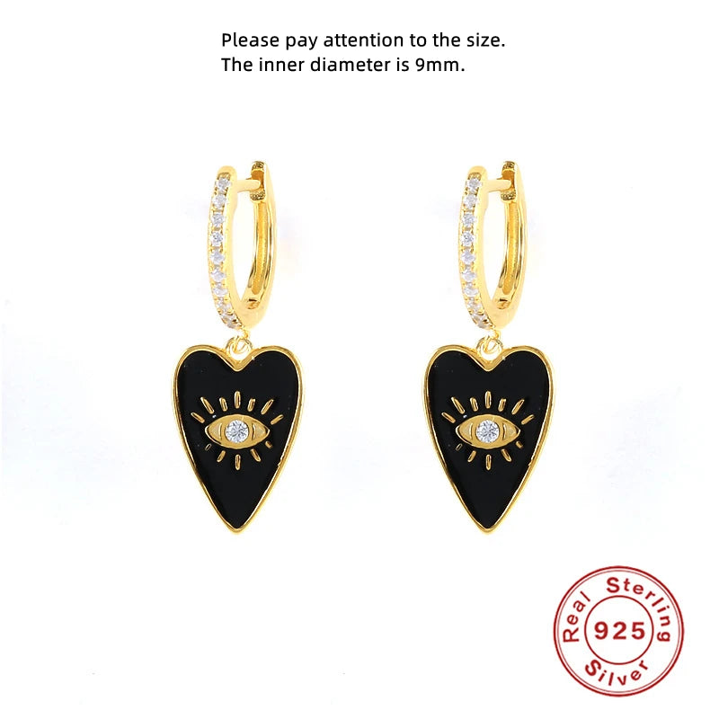 925 Silver Earring Enamel Zircon Heart Eye Drop Retro Woman Ear Jewelry