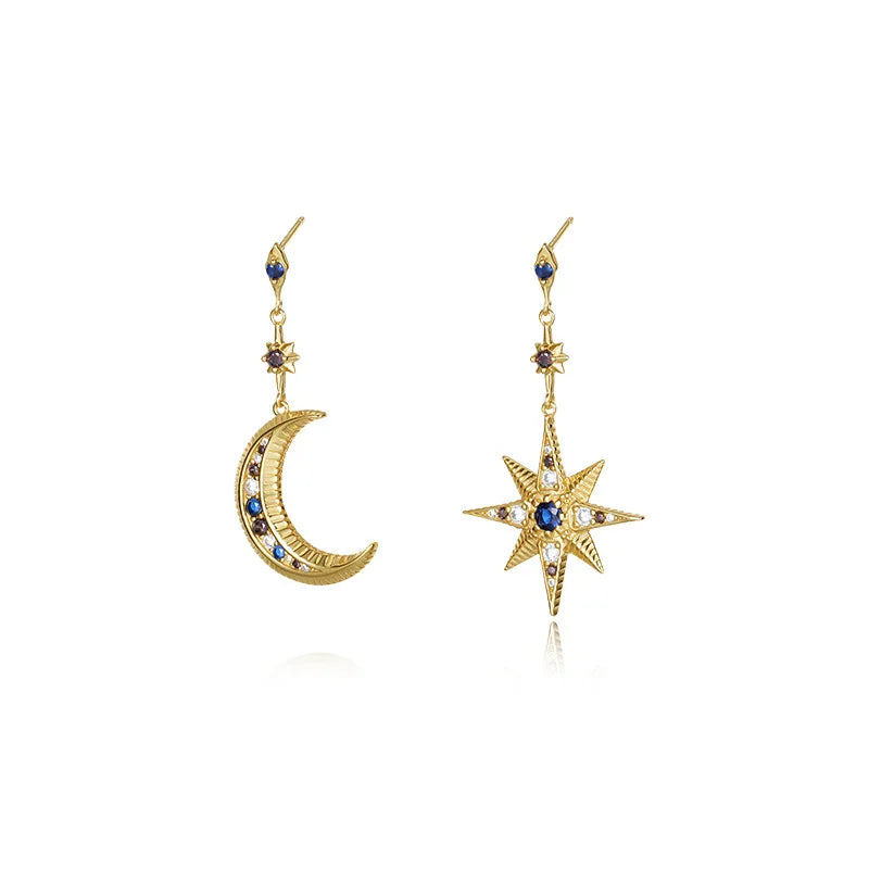 925 Silver Asymmetric Star Moon Sword Stud Earring Retro Women Ear Jewelry