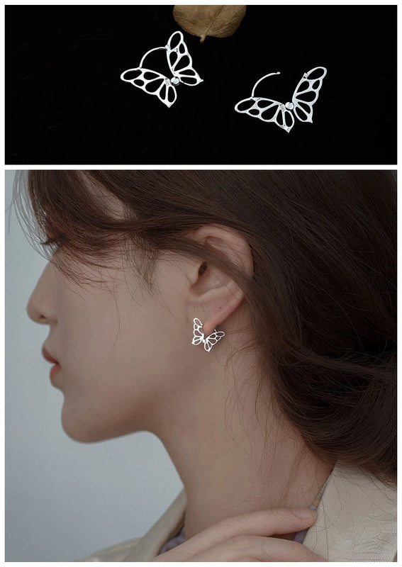 925 Sterling Silver Butterfly Earring Double Irregular Half Circle Big Jewelry