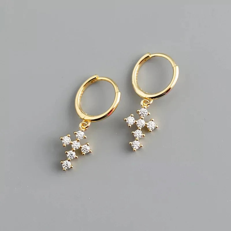 925 Silver Earring Zircon Cross Pendant Drop French Style Ear Jewelry