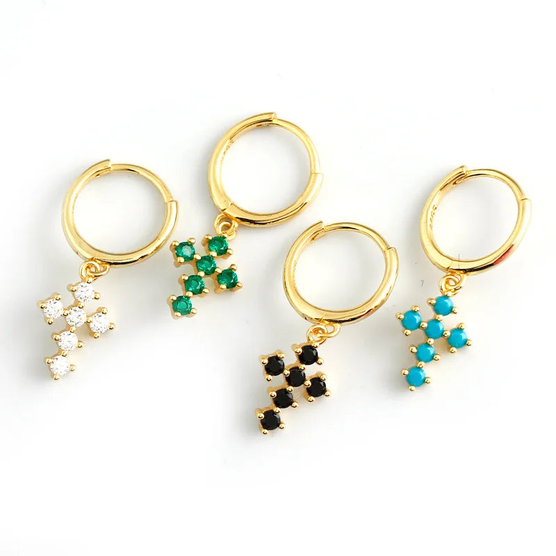925 Silver Earring Zircon Cross Pendant Drop French Style Ear Jewelry