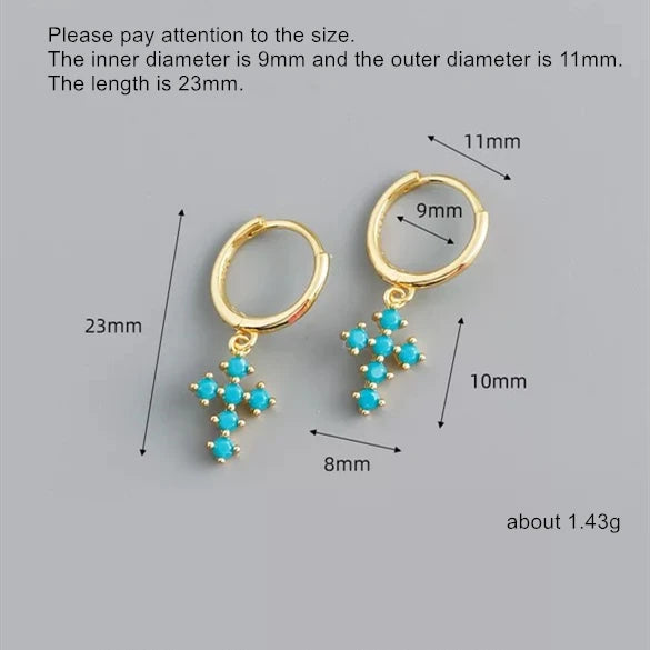 925 Silver Earring Zircon Cross Pendant Drop French Style Ear Jewelry