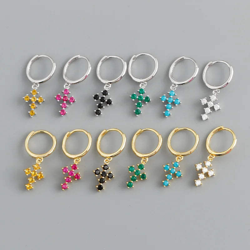 925 Silver Earring Zircon Cross Pendant Drop French Style Ear Jewelry