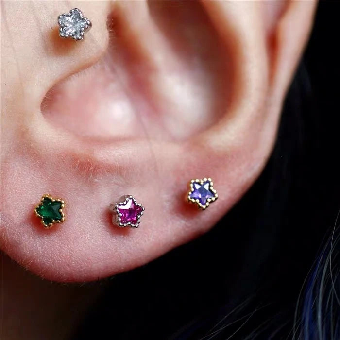 925 Silver Colored Zircon Star Smiley Screw Stud Earrings